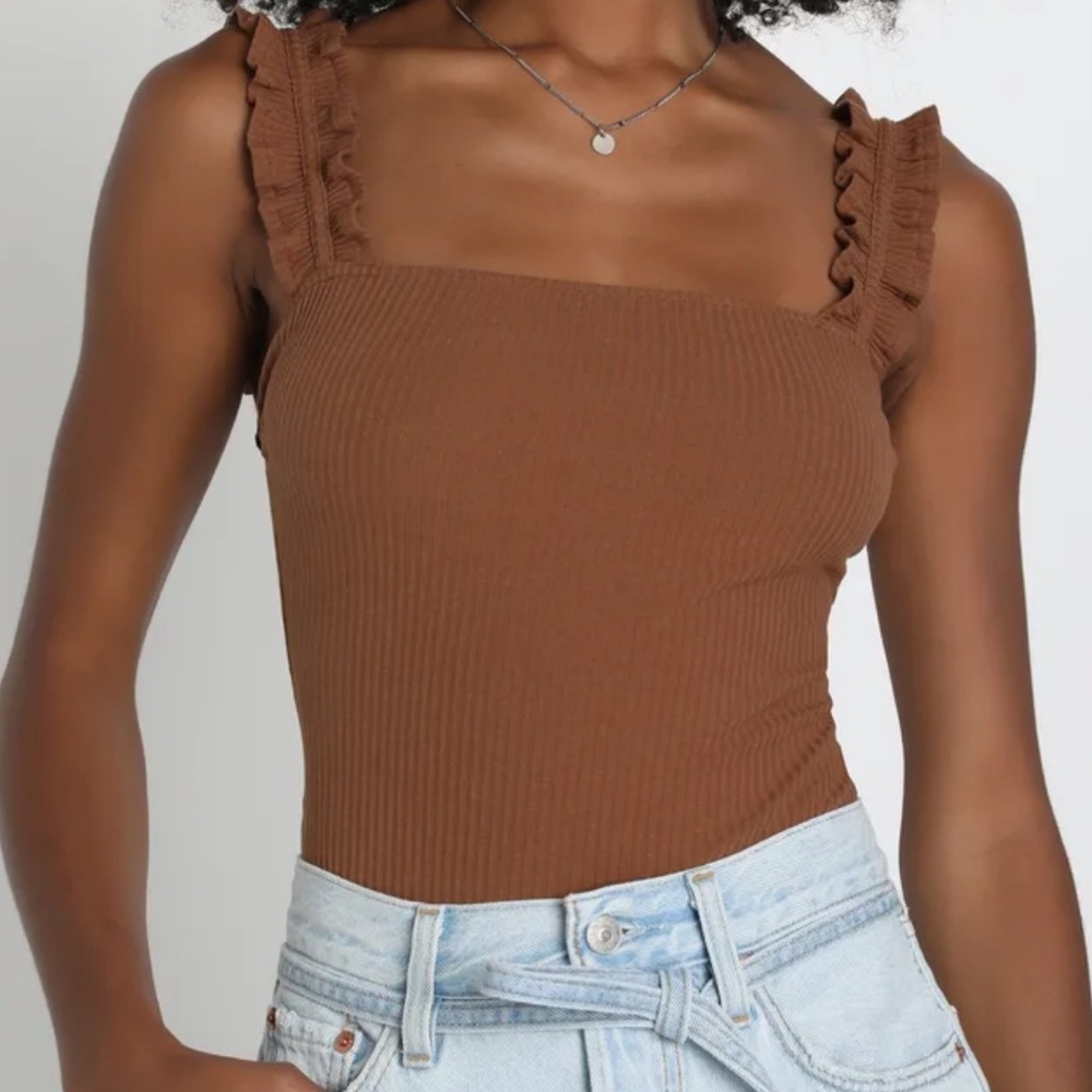 Ribbed Ruffle Strap Brown Bodysuit